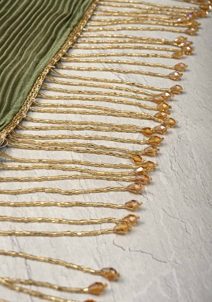 Pleated Satin saree in Sage Green and Maroon, No Blouse Piece | SHOBITAM