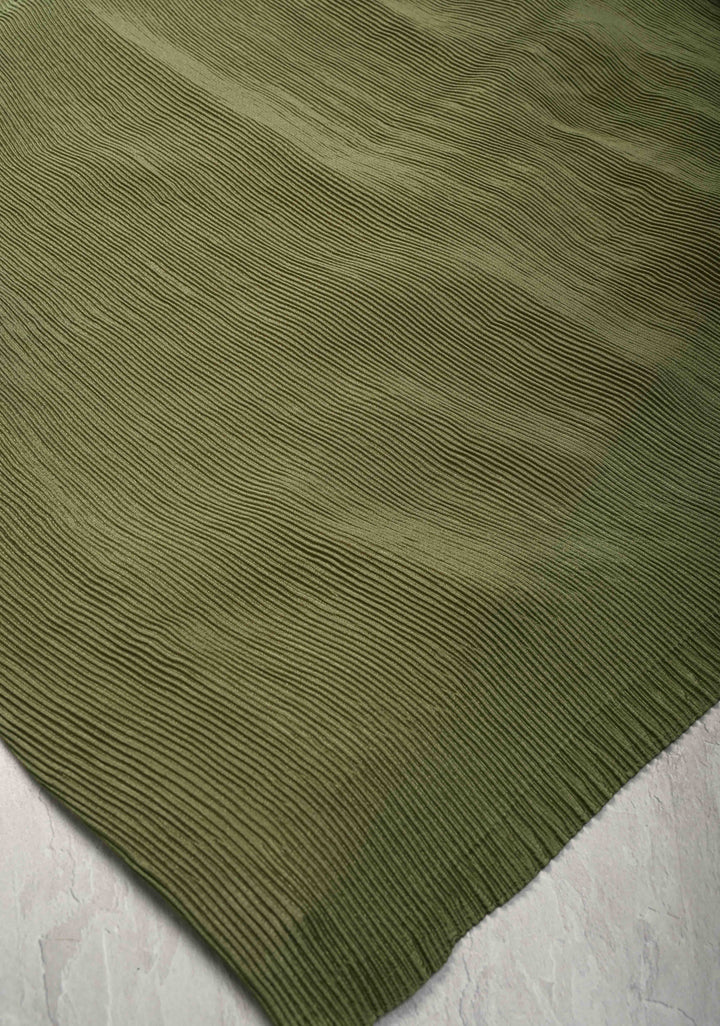 Pleated Satin saree in Sage Green and Maroon, No Blouse Piece | SHOBITAM