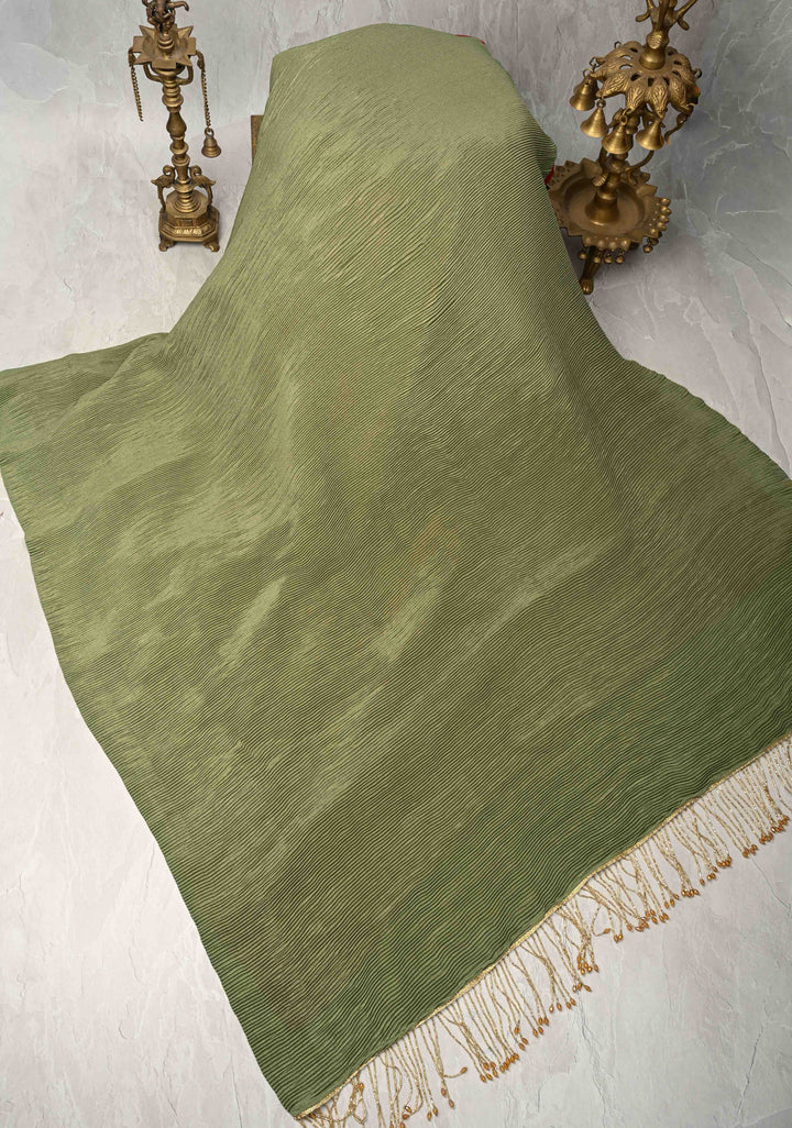 Pleated Satin saree in Sage Green and Maroon, No Blouse Piece | SHOBITAM