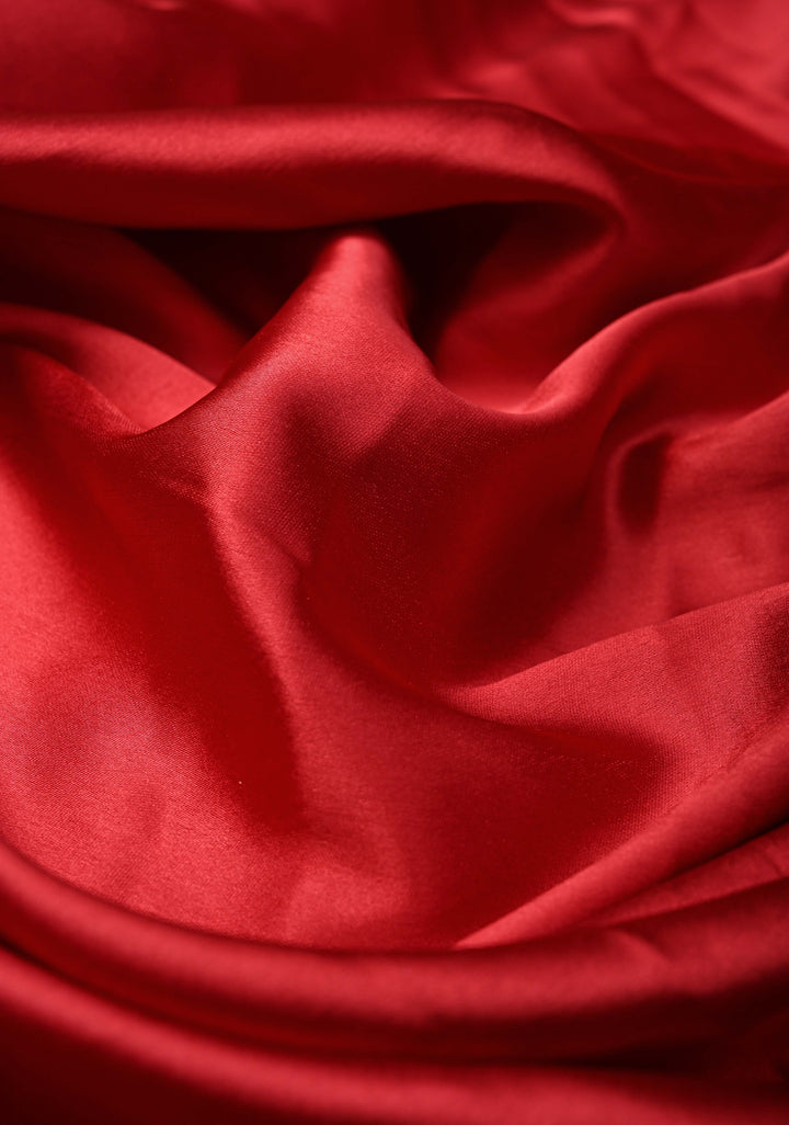 Pleated Satin saree in Sage Green and Maroon, No Blouse Piece | SHOBITAM