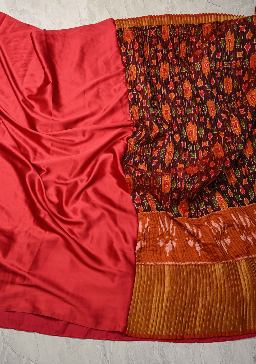 Unique Pleated half and half satin saree with Patola digital print and antique zari