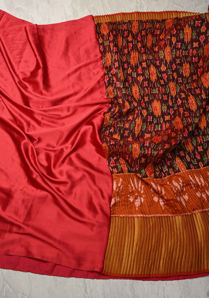 Unique Pleated half and half satin saree with Patola digital print and antique zari