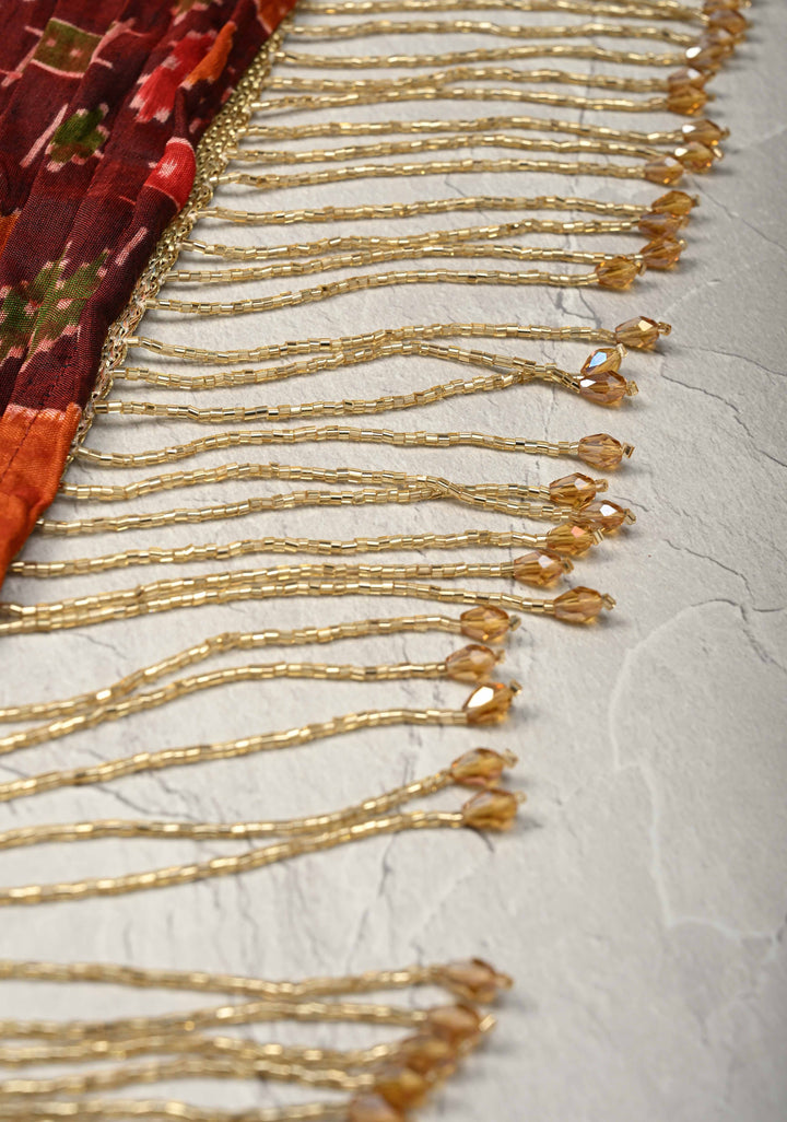 Unique Pleated half and half satin saree with Patola digital print and antique zari