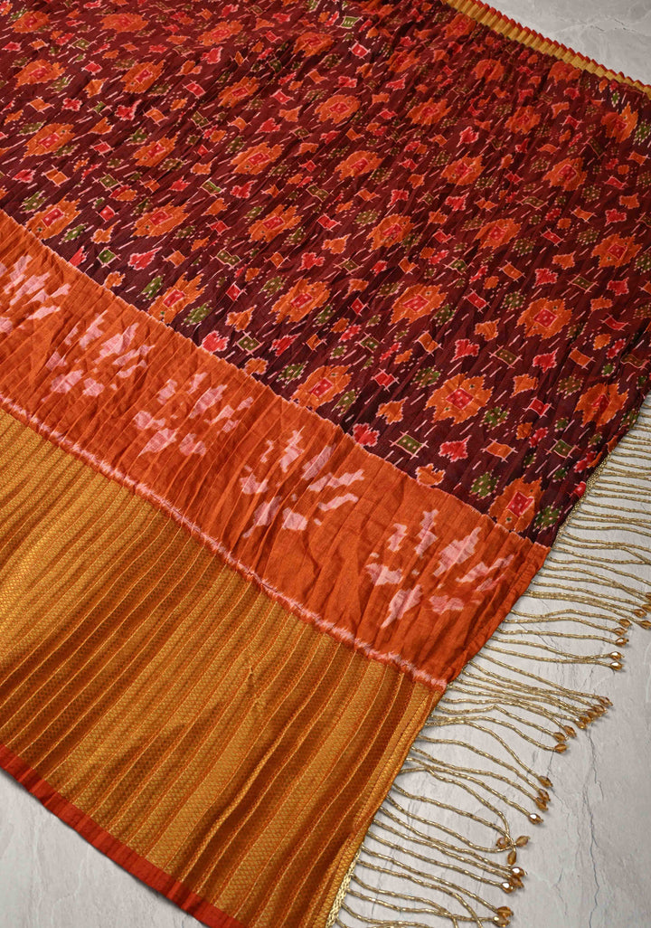 Unique Pleated half and half satin saree with Patola digital print and antique zari