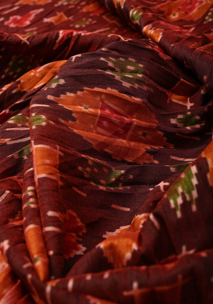 Unique Pleated half and half satin saree with Patola digital print and antique zari