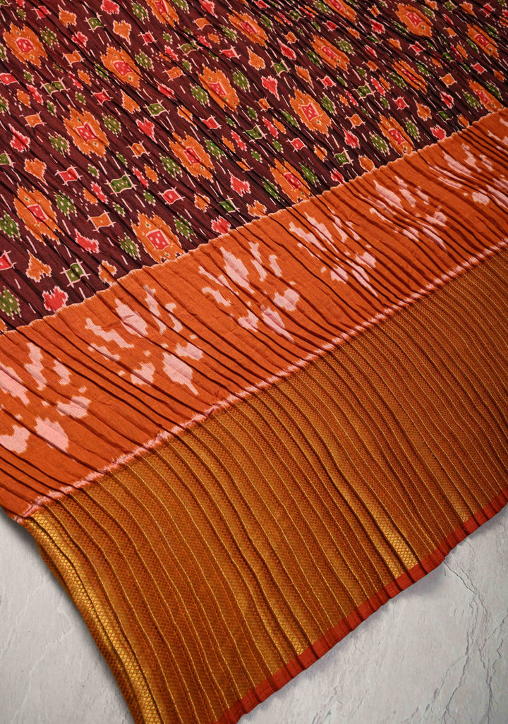 Unique Pleated half and half satin saree with Patola digital print and antique zari
