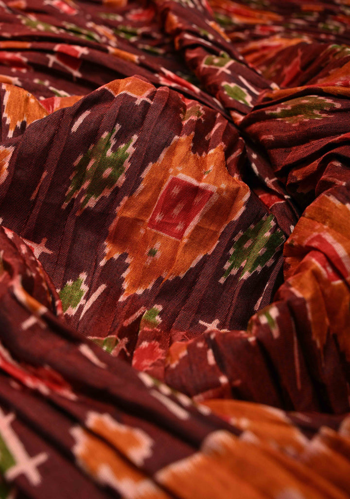 Unique Pleated half and half satin saree with Patola digital print and antique zari
