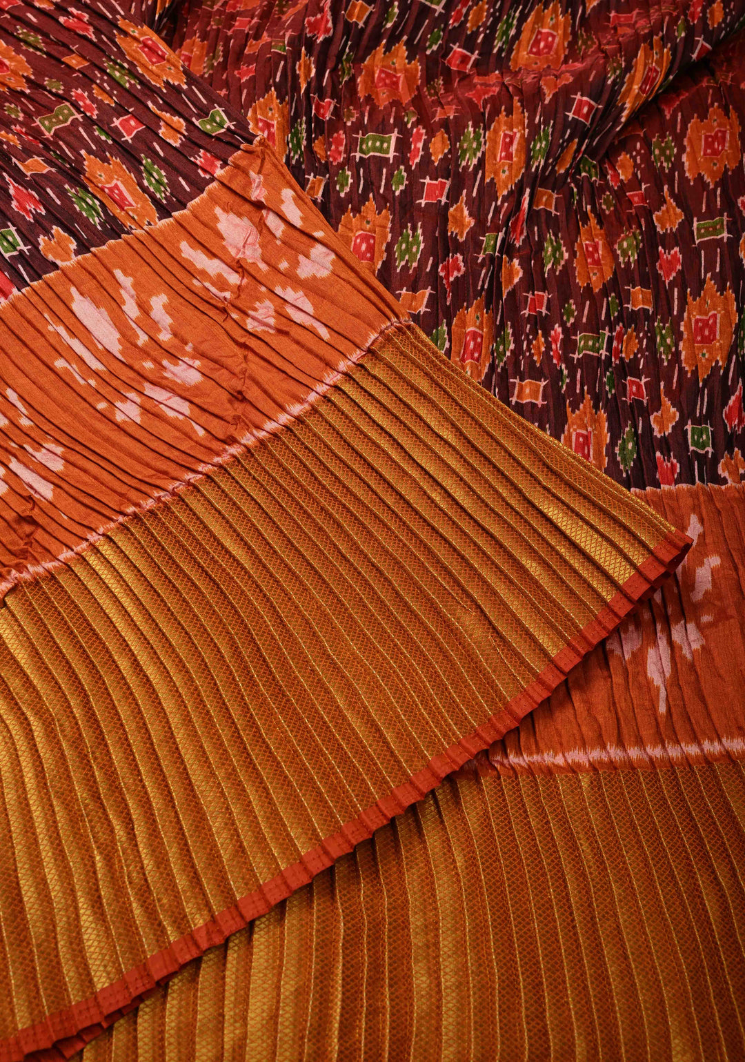 Unique Pleated half and half satin saree with Patola digital print and antique zari