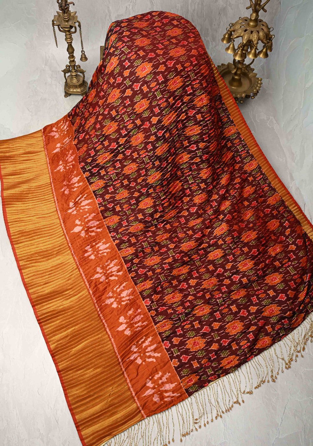 Unique Pleated half and half satin saree with Patola digital print and antique zari