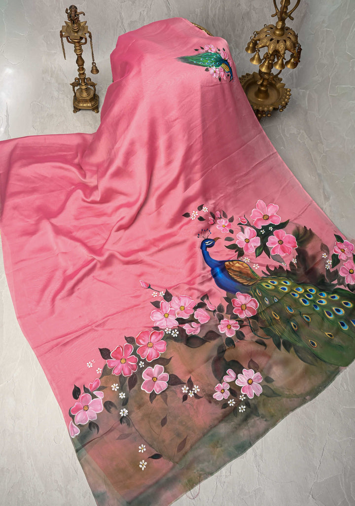 Rose Pink Chiffon Saree with Peacock Hand painted on Pallu, No Blouse Piece