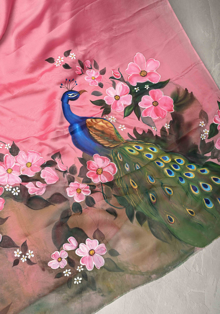 Rose Pink Chiffon Saree with Peacock Hand painted on Pallu, No Blouse Piece