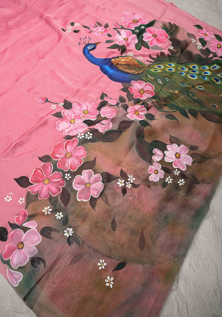 Rose Pink Chiffon Saree with Peacock Hand painted on Pallu, No Blouse Piece