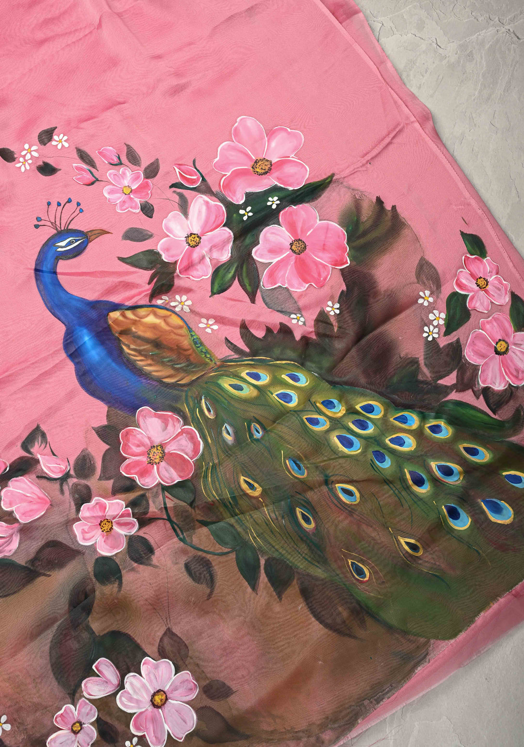 Rose Pink Chiffon Saree with Peacock Hand painted on Pallu, No Blouse Piece