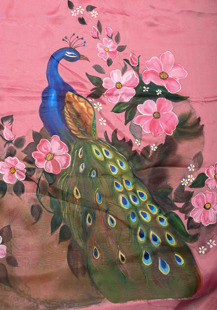 Rose Pink Chiffon Saree with Peacock Hand painted on Pallu, No Blouse Piece
