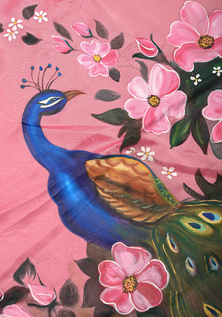 Rose Pink Chiffon Saree with Peacock Hand painted on Pallu, No Blouse Piece