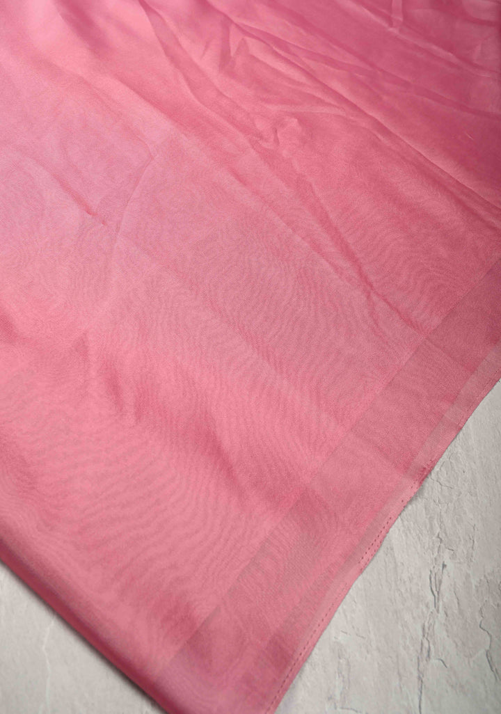 Rose Pink Chiffon Saree with Peacock Hand painted on Pallu, No Blouse Piece