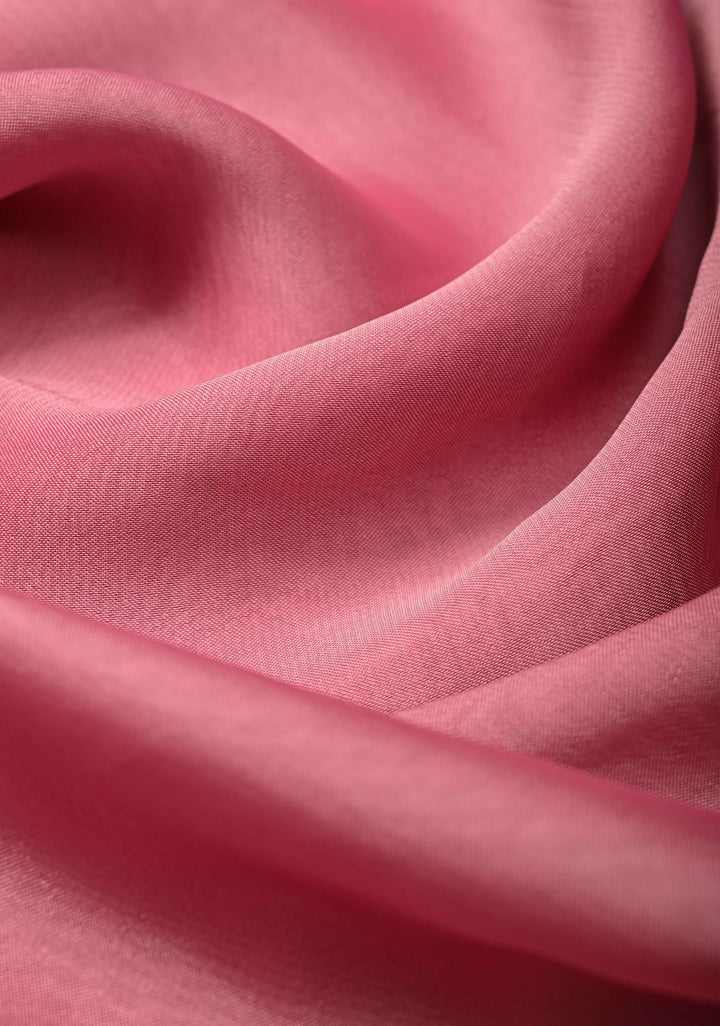 Rose Pink Chiffon Saree with Peacock Hand painted on Pallu, No Blouse Piece