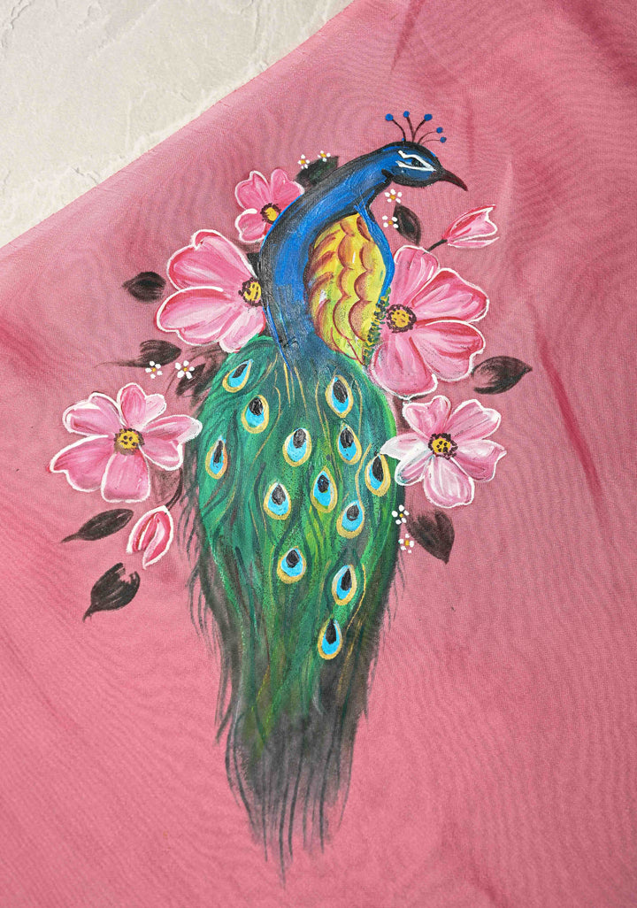 Rose Pink Chiffon Saree with Peacock Hand painted on Pallu, No Blouse Piece