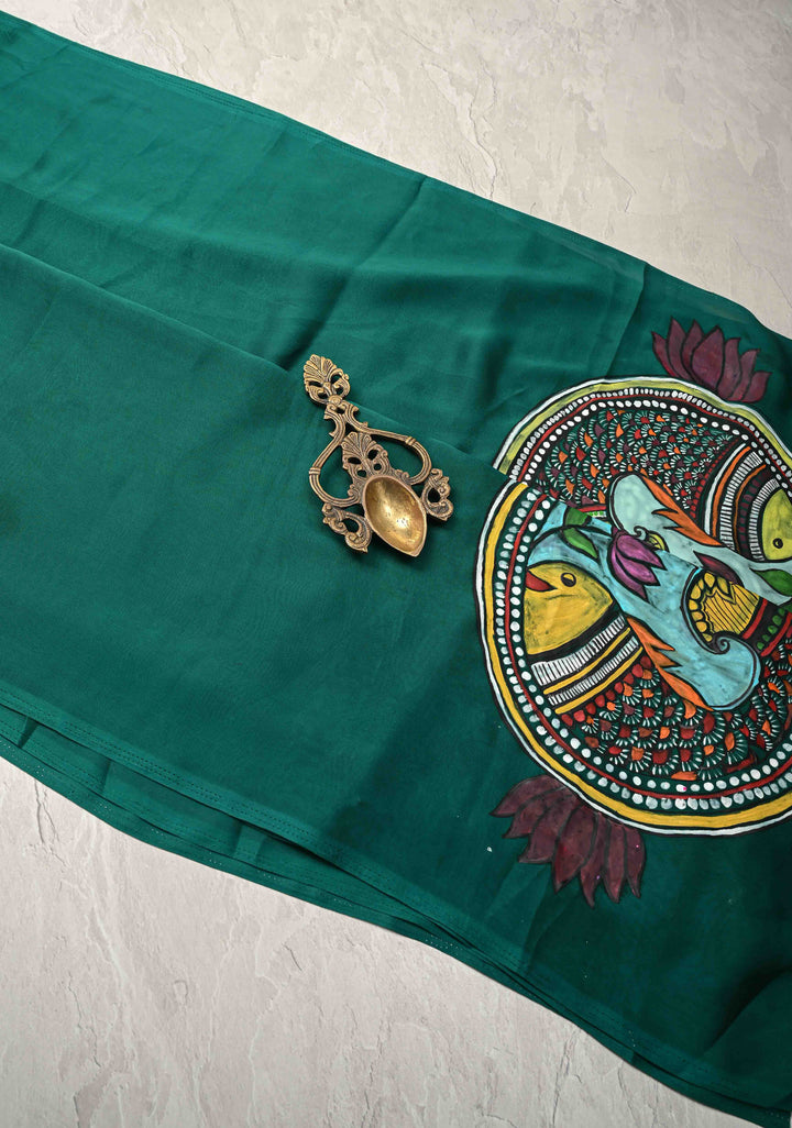 Peacock Green on Shimmer Georgette Saree with Hand painted Madhubani Style Motifs