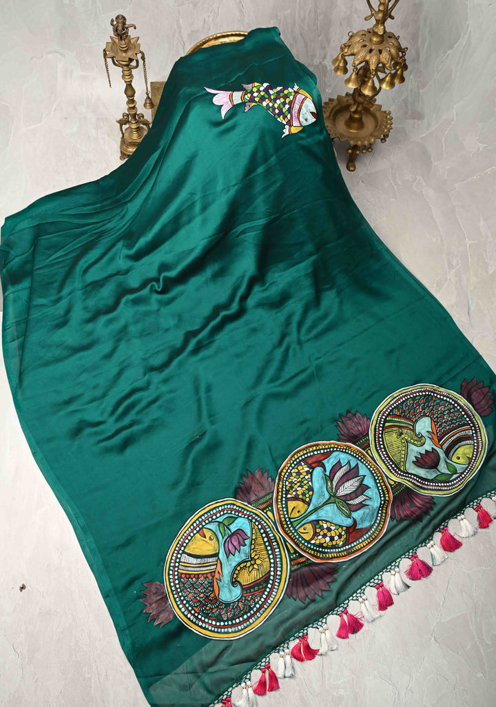 Peacock Green on Shimmer Georgette Saree with Hand painted Madhubani Style Motifs