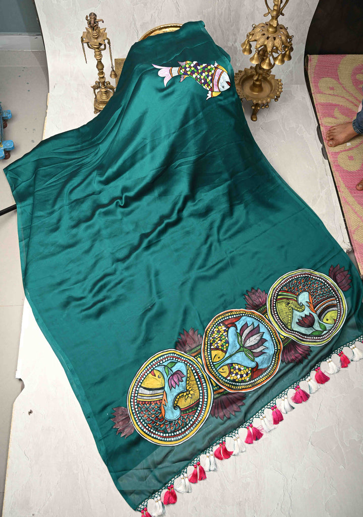 Peacock Green on Shimmer Georgette Saree with Hand painted Madhubani Style Motifs