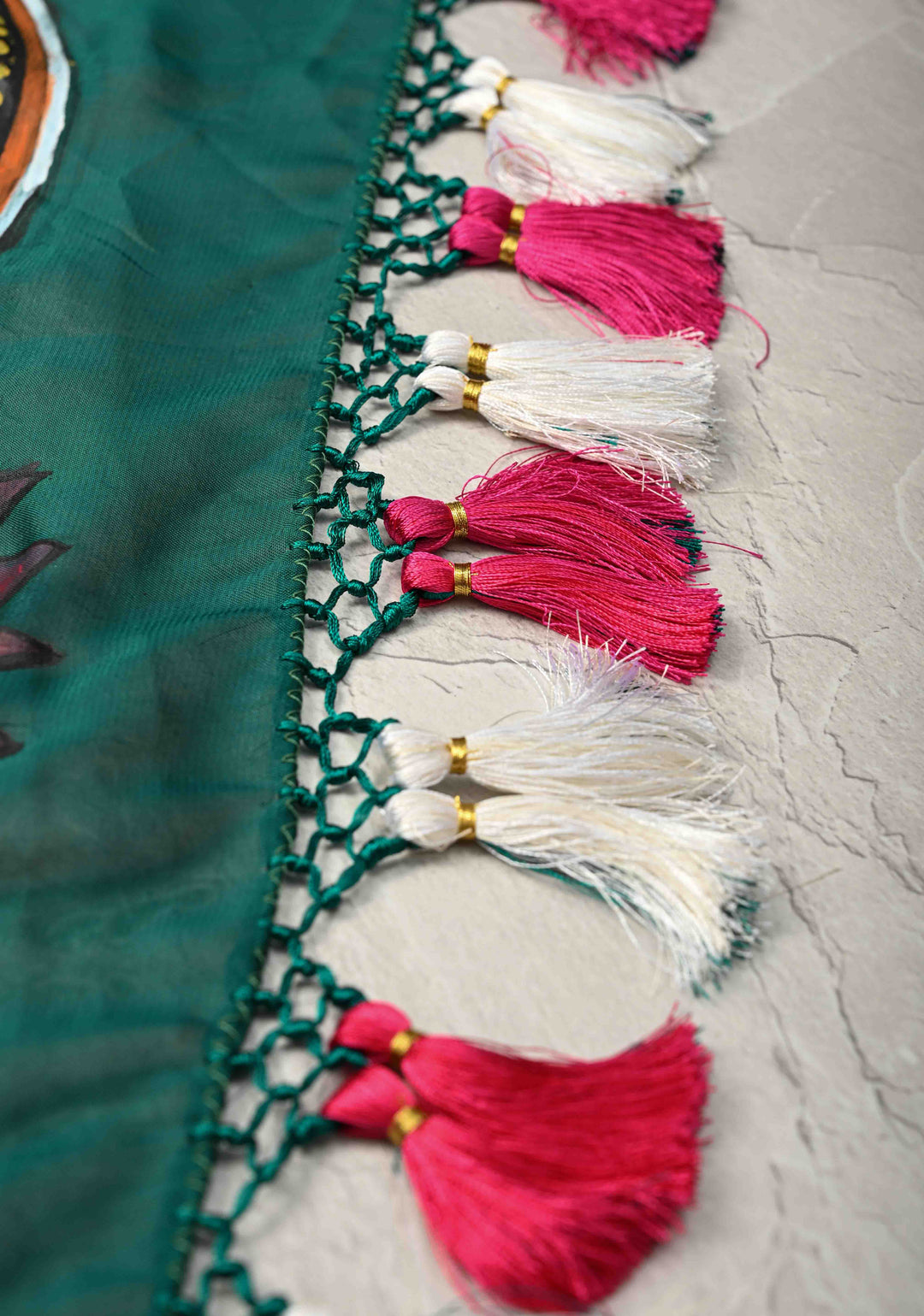 Peacock Green on Shimmer Georgette Saree with Hand painted Madhubani Style Motifs