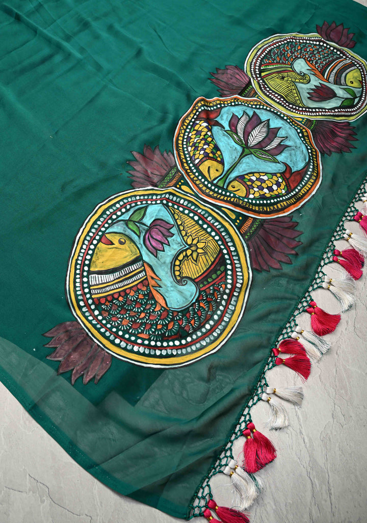 Peacock Green on Shimmer Georgette Saree with Hand painted Madhubani Style Motifs