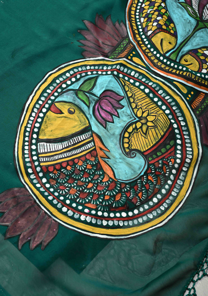 Peacock Green on Shimmer Georgette Saree with Hand painted Madhubani Style Motifs
