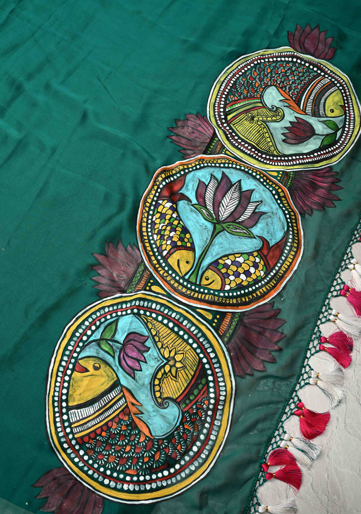 Peacock Green on Shimmer Georgette Saree with Hand painted Madhubani Style Motifs