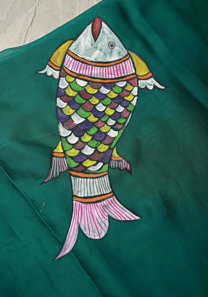 Peacock Green on Shimmer Georgette Saree with Hand painted Madhubani Style Motifs