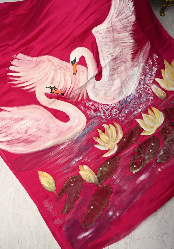 Fushia Pink Georgette Saree with Swan Hand Painting on Pallu, No Blouse Piece
