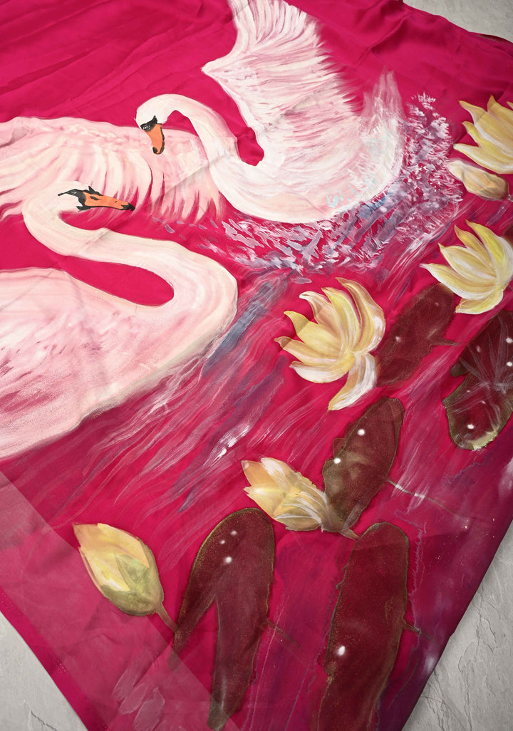 Fushia Pink Georgette Saree with Swan Hand Painting on Pallu, No Blouse Piece