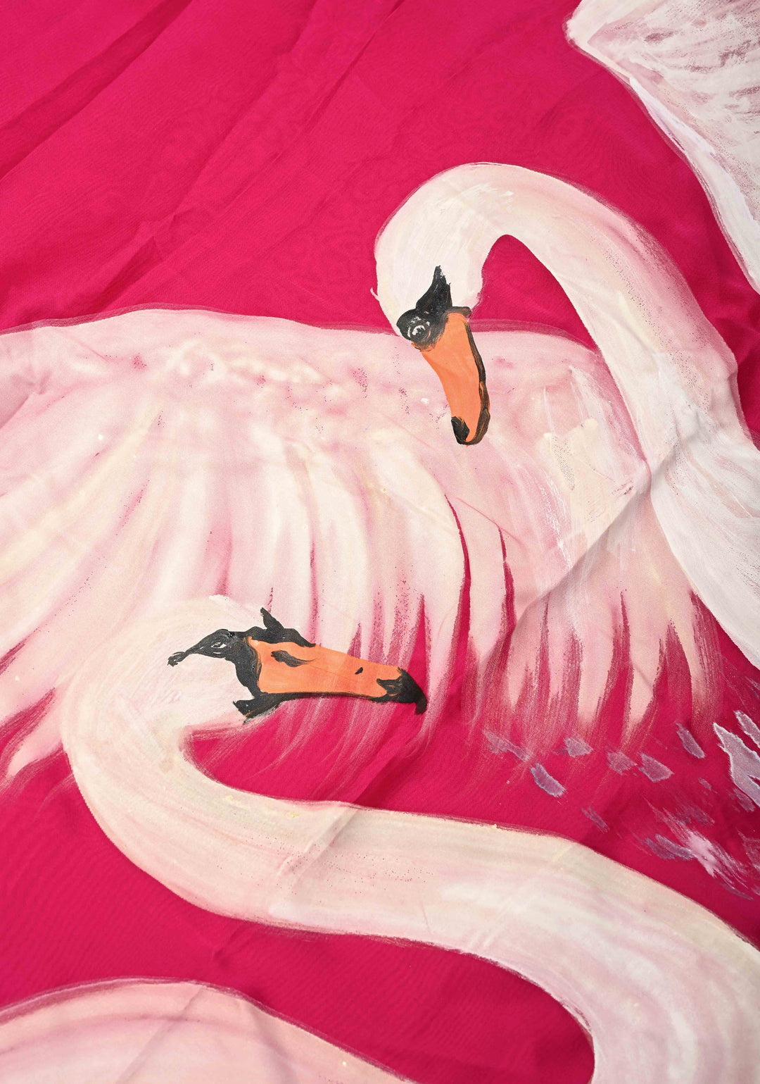 Fushia Pink Georgette Saree with Swan Hand Painting on Pallu, No Blouse Piece