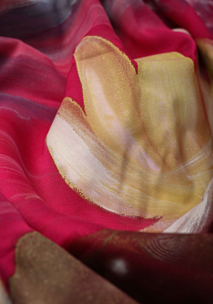 Fushia Pink Georgette Saree with Swan Hand Painting on Pallu, No Blouse Piece