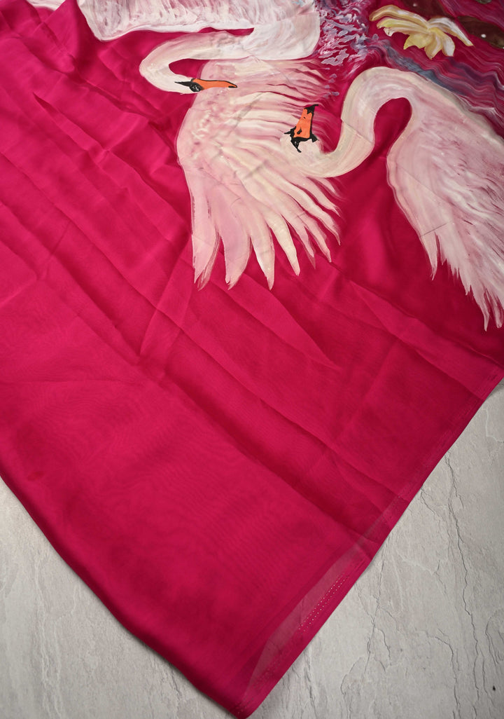 Fushia Pink Georgette Saree with Swan Hand Painting on Pallu, No Blouse Piece