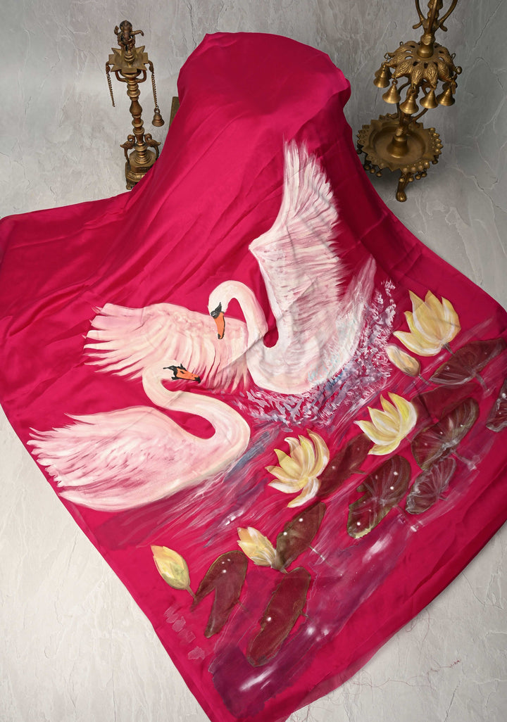 Fushia Pink Georgette Saree with Swan Hand Painting on Pallu, No Blouse Piece