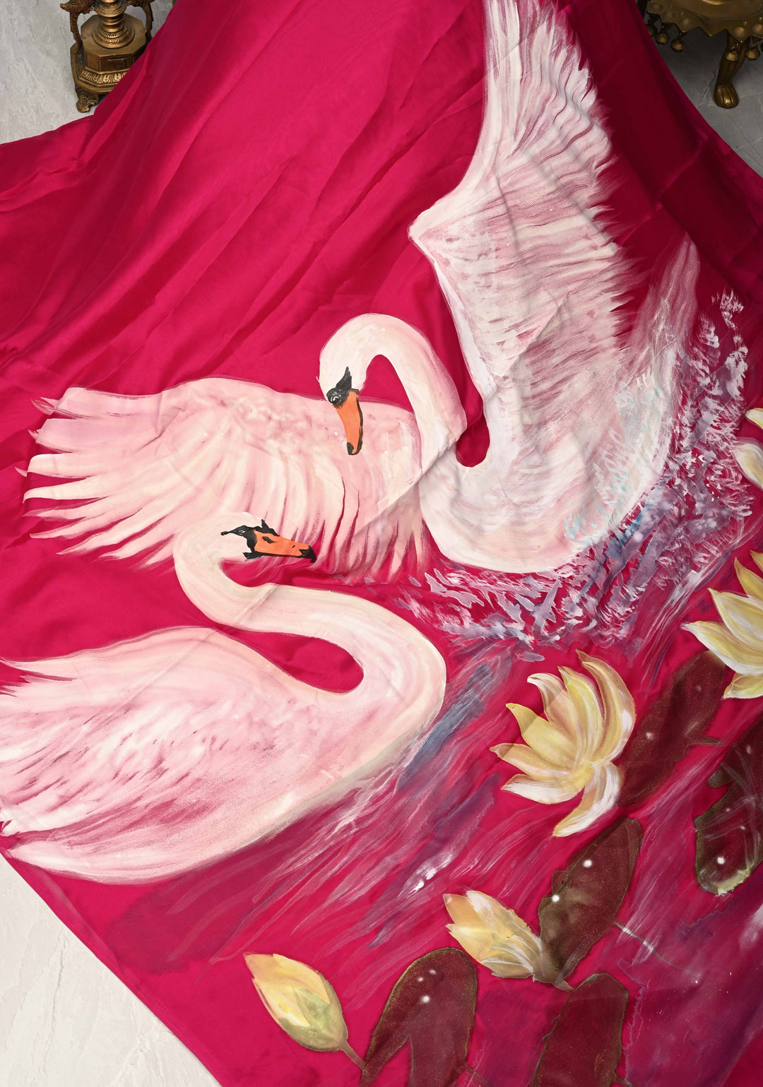 Fushia Pink Georgette Saree with Swan Hand Painting on Pallu, No Blouse Piece