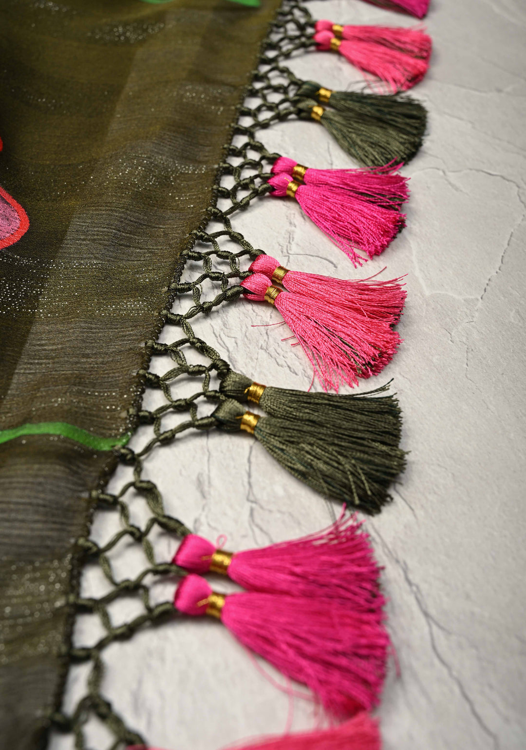 Olive Green Ombre Chiffon Saree with Muted Zari Stripes and Hand painted Lotus Florals