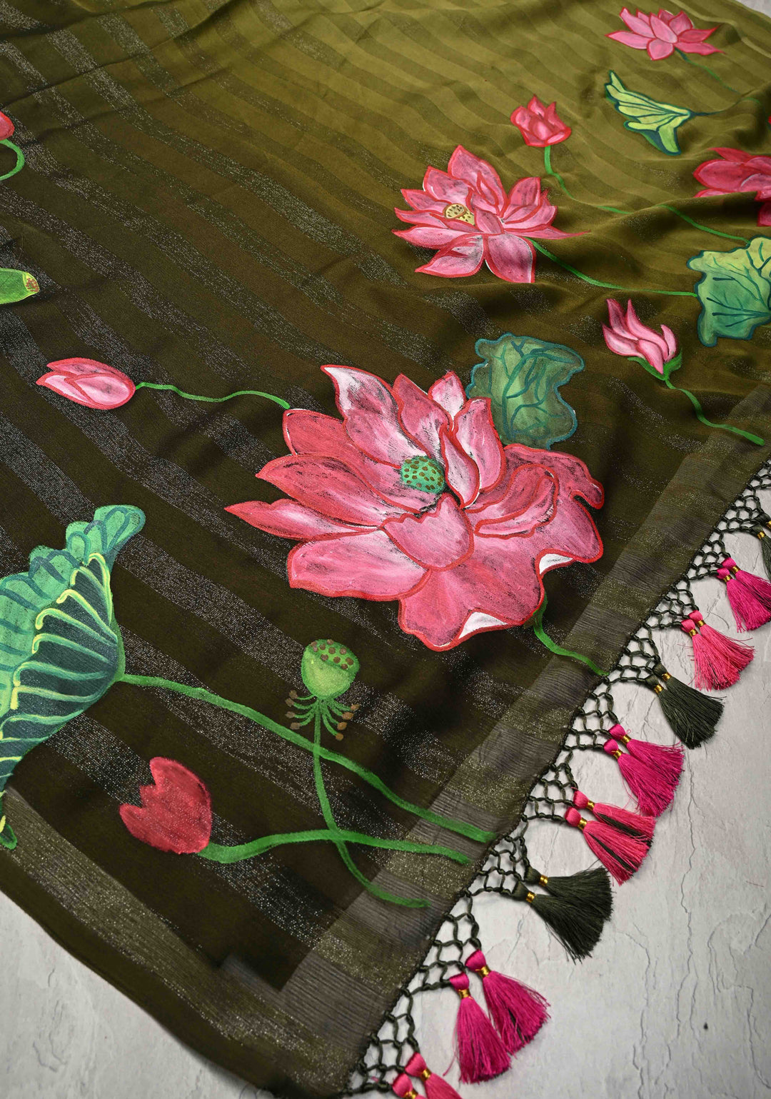 Olive Green Ombre Chiffon Saree with Muted Zari Stripes and Hand painted Lotus Florals