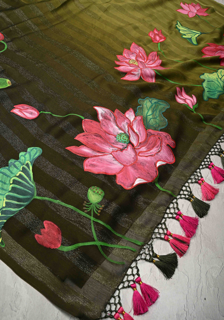 Olive Green Ombre Chiffon Saree with Muted Zari Stripes and Hand painted Lotus Florals