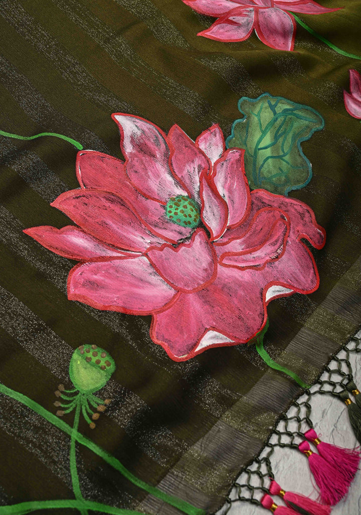 Olive Green Ombre Chiffon Saree with Muted Zari Stripes and Hand painted Lotus Florals