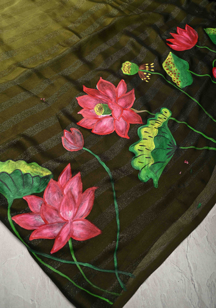 Olive Green Ombre Chiffon Saree with Muted Zari Stripes and Hand painted Lotus Florals