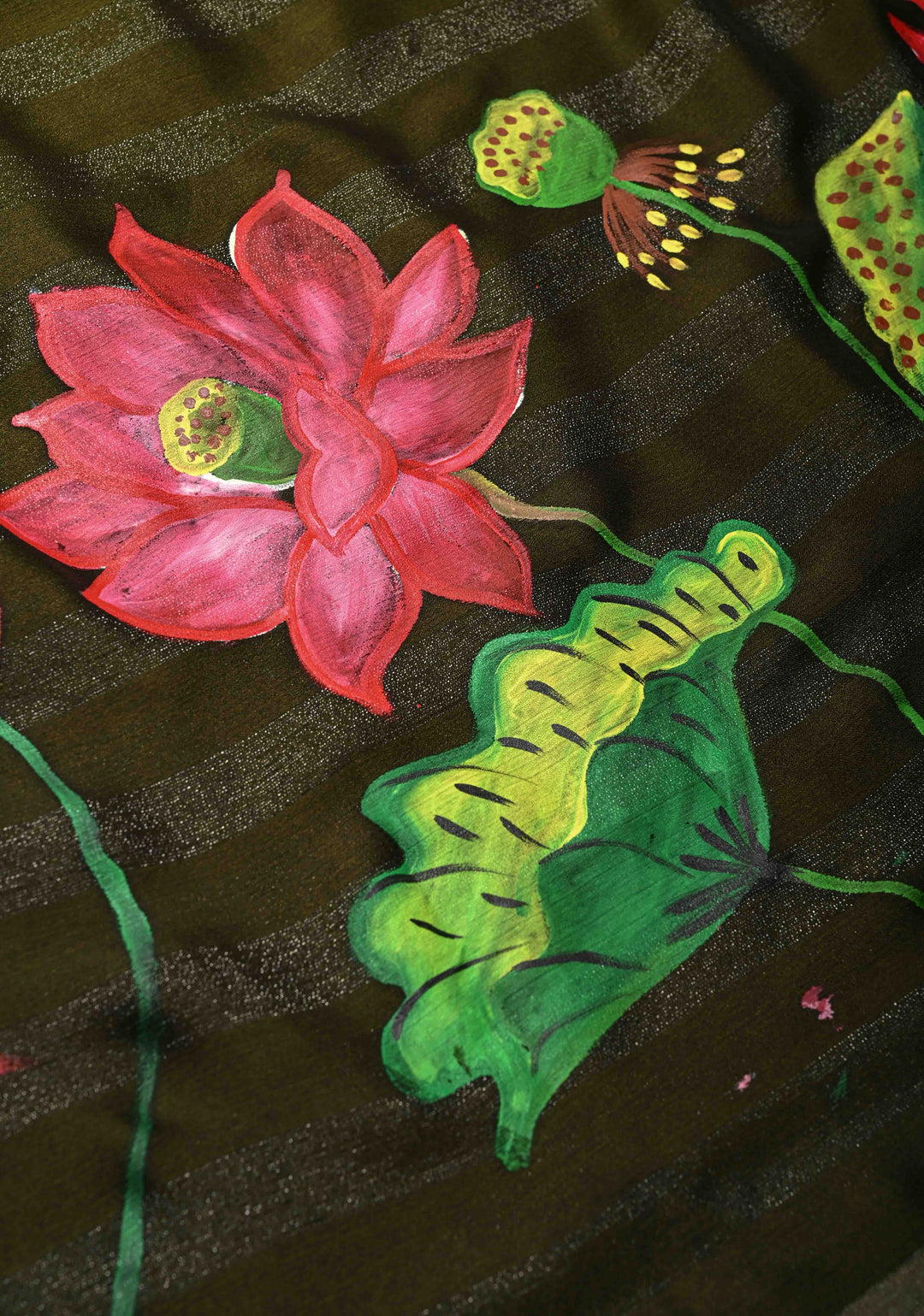 Olive Green Ombre Chiffon Saree with Muted Zari Stripes and Hand painted Lotus Florals