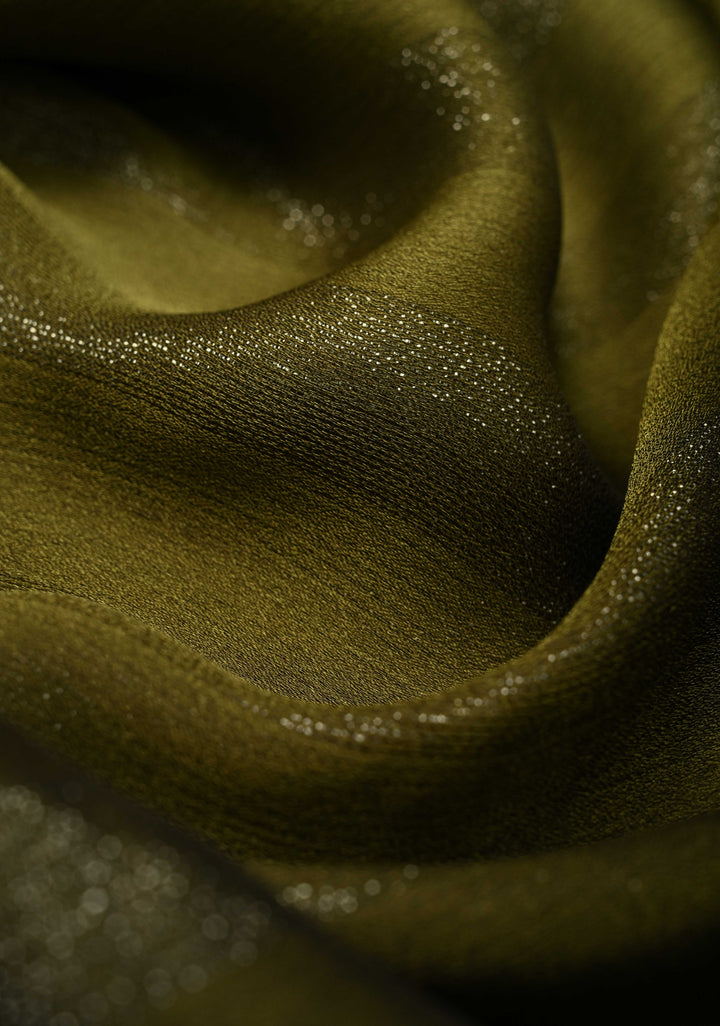 Olive Green Ombre Chiffon Saree with Muted Zari Stripes and Hand painted Lotus Florals