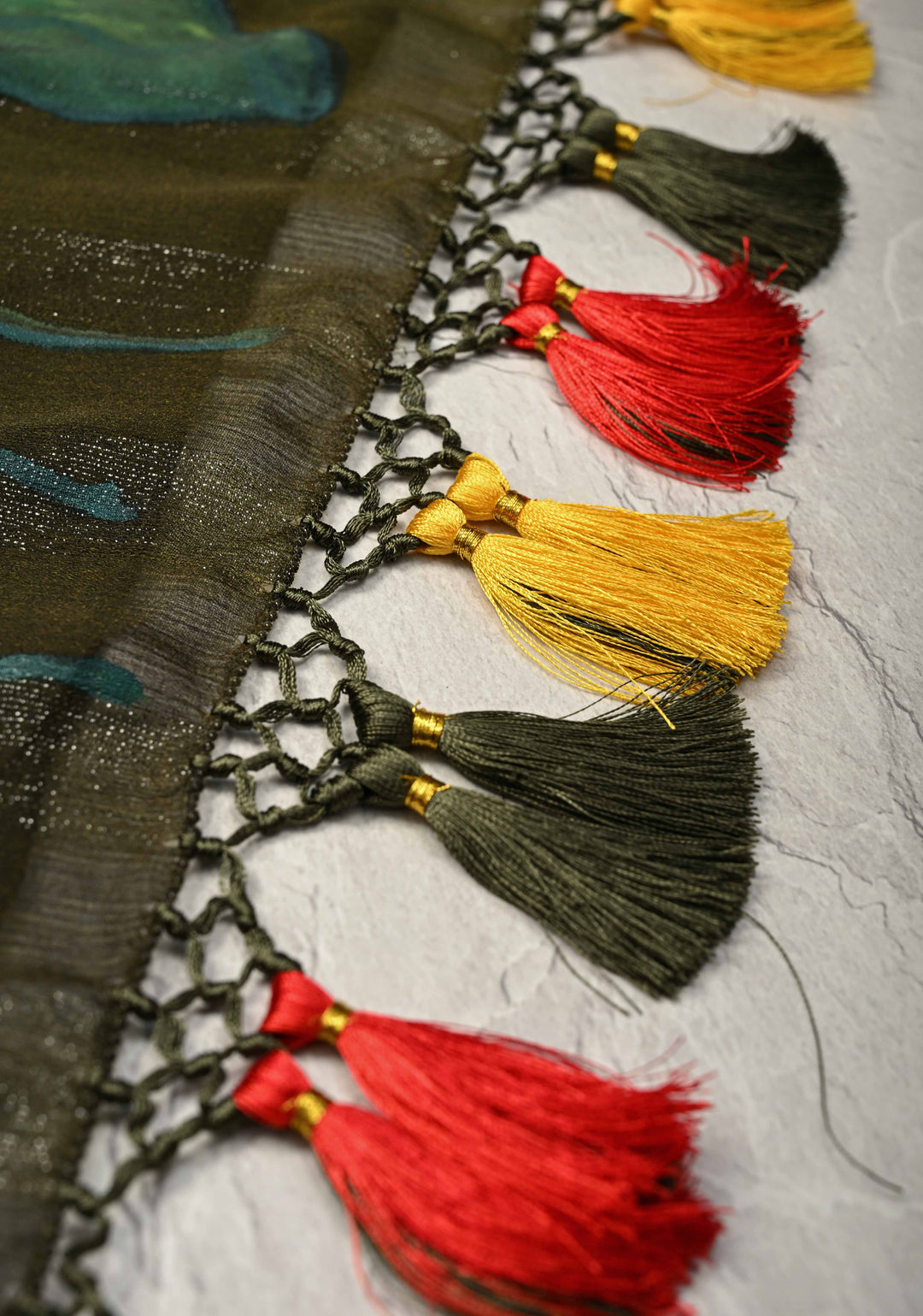 Olive Green Ombre Chiffon Saree with Muted Zari Stripes and Lotus Hand painted on Border, Pallu