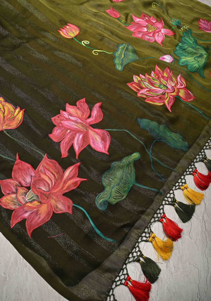 Olive Green Ombre Chiffon Saree with Muted Zari Stripes and Lotus Hand painted on Border, Pallu