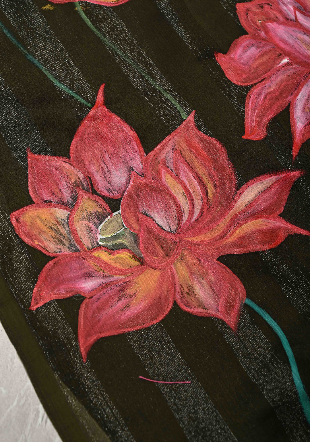 Olive Green Ombre Chiffon Saree with Muted Zari Stripes and Lotus Hand painted on Border, Pallu