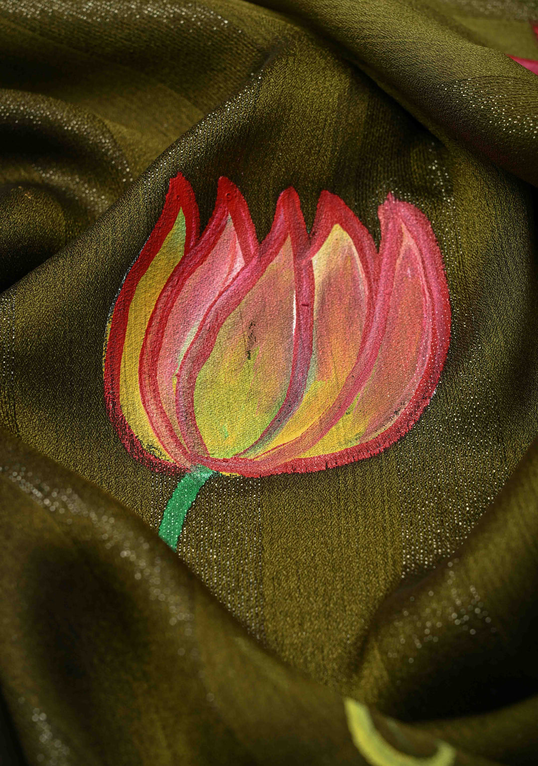 Olive Green Ombre Chiffon Saree with Muted Zari Stripes and Lotus Hand painted on Border, Pallu