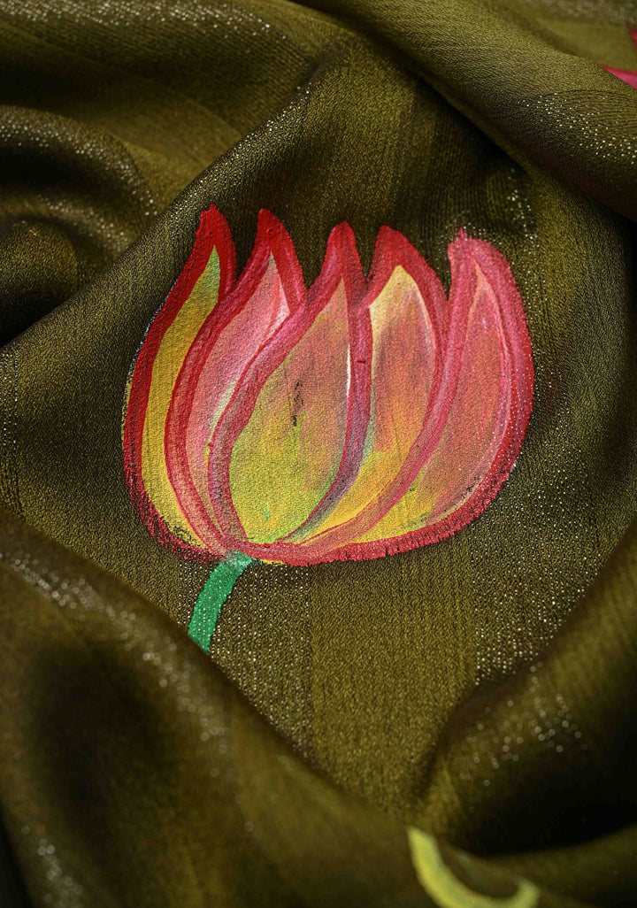 Olive Green Ombre Chiffon Saree with Muted Zari Stripes and Lotus Hand painted on Border, Pallu