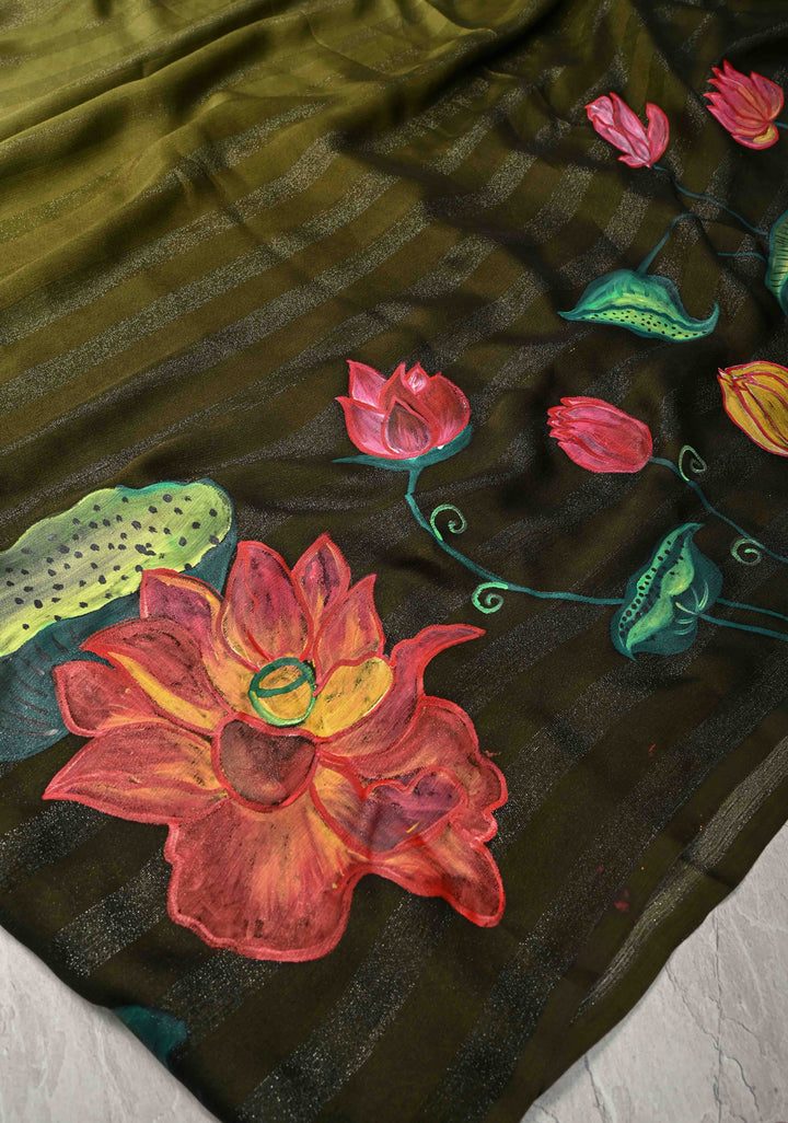 Olive Green Ombre Chiffon Saree with Muted Zari Stripes and Lotus Hand painted on Border, Pallu